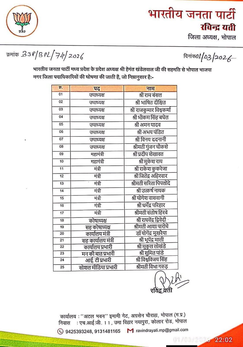 भारतीय जनता पार्टी भोपाल ज़िला के नवनियुक्त पदाधिकारियों को महत्वपूर्ण दायित्व के लिए बधाई एवं शुभकामनाएं । 
                  चरैवेति चरैवेति