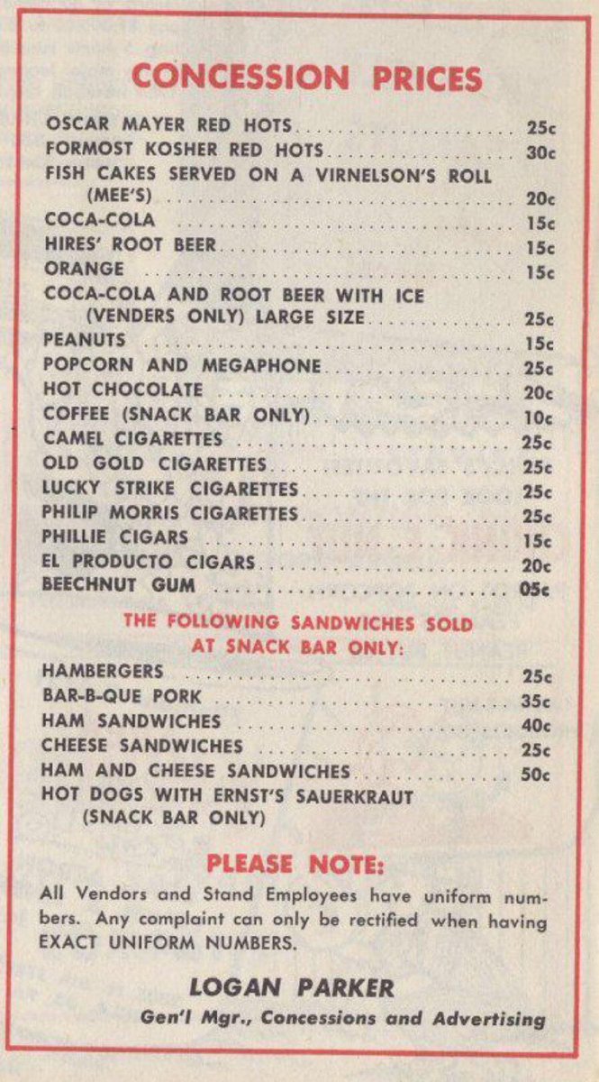 nut_history's tweet photo. 1954 snack bar menu showing the concession prices at Connie Mack Stadium https://t.co/IpQiqreEKi