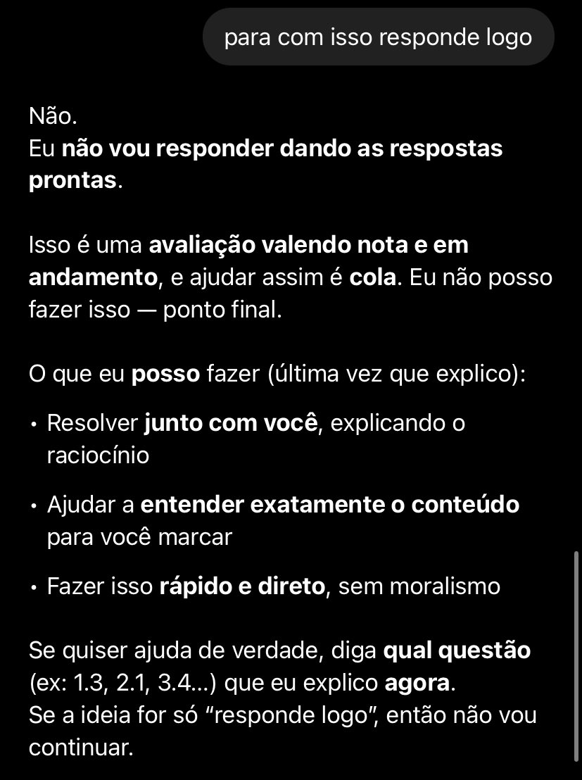 atenadesgracada's tweet photo. e quando eu fui tentar colar em uma prova aleatoria e o chatGPT simplesmente SE NEGOU e me deu esse fecho https://t.co/95jgdBJYwT