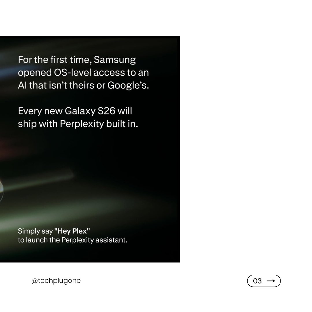 techplugone's tweet photo. "Hey Plex" is the new "Hey Siri." Perplexity is now a system-level AI on the Galaxy S26. Choose your favorite assistant with zero friction.
#TechPlugOne #Perplexity #Samsung #GalaxyS26 #FYP #Bixby #Innovation #TechNews #Khamenei https://t.co/yPejyQI6Cc