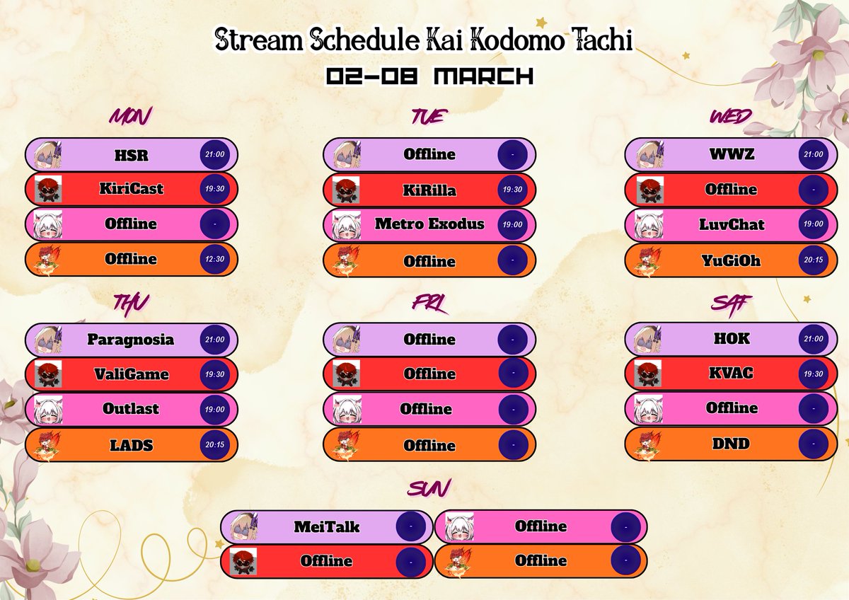 Schedule Compilation Kai Kodomo Tachi March 02-08
<a href="/KiroValiant/">Kiro Valiant</a> 
<a href="/amakimeira/">Amaki Meira</a> 
<a href="/Misaki__Yua/">Yua Misaki 美咲ユア 🧚🏻‍♀️🔥〔ODM VT〕</a> 
<a href="/KaylithLuvine/">Kaylith Luvine 𓆩💗𓆪 |【VTUBERID】</a>