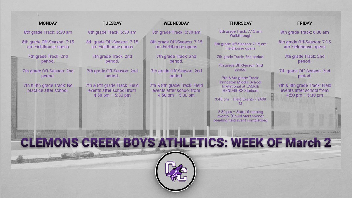 Week of March 02
Clemons Creek Boys

Track practices and Off-season Schedules
Track meet on Thursday in Princeton

For those attending morning track practices, make sure you dress appropriately for the weather.

#CU