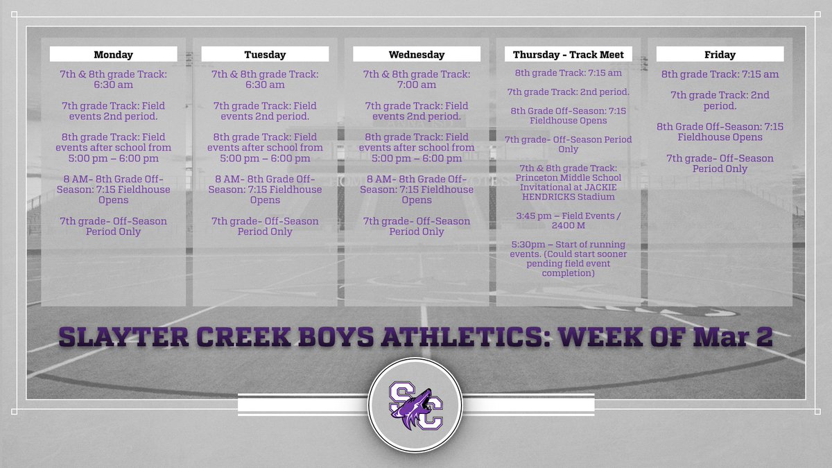 Week of March 02
Slayter Creek Boys

Track practices and Off-season Schedules
Track meet on Thursday in Princeton

For those attending morning track practices, make sure you dress appropriately for the weather.

#CU
