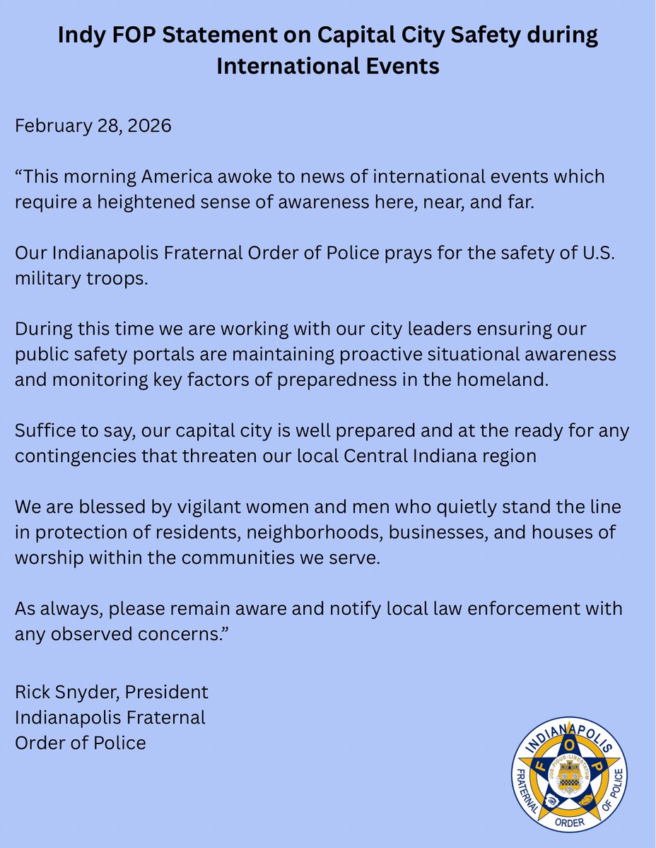 RickFOP86's tweet photo. Indy FOP Statement on Capital City Safety during
International Events
“As always, please remain aware and notify local law enforcement with any observed concerns."
Remain Vigilant for the Week ahead
#BeAware #PreparedNotScared #FOP https://t.co/GFvUDInta4
