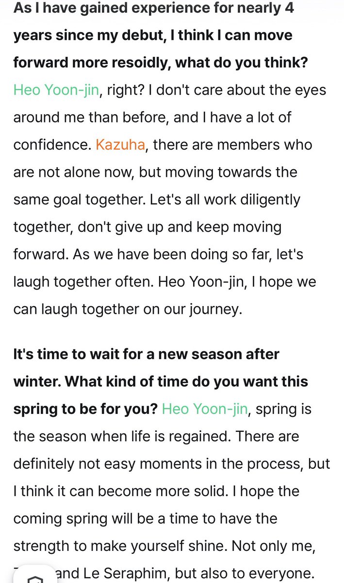 sserapics's tweet photo. KAZUHA and Yunjin interview with Marie Claire Korea 

As I have gained experience for nearly 4 years since my debut, I think I can move forward more resoidly, what do you think?

Yunjin, right? I don't care about the eyes around me than before, and I have a lot of confidence. Kazuha, there are members who are not alone now, but moving towards the same goal together. Let's all work diligently together, don't give up and keep moving forward. As we have been doing so far, let's laugh together often. Yunjin, I hope we can laugh together on our journey.

It's time to wait for a new season after winter. What kind of time do you want this spring to be for you? Yunjin, spring is the season when life is regained. There are definitely not easy moments in the process, but I think it can become more solid. I hope the coming spring will be a time to have the strength to make yourself shine. Not only me, Zuha, and LE SSERAFIM , but also to everyone.

#HUHYUNJIN #KAZUHA 
#LE_SSERAFIM  #르세라핌