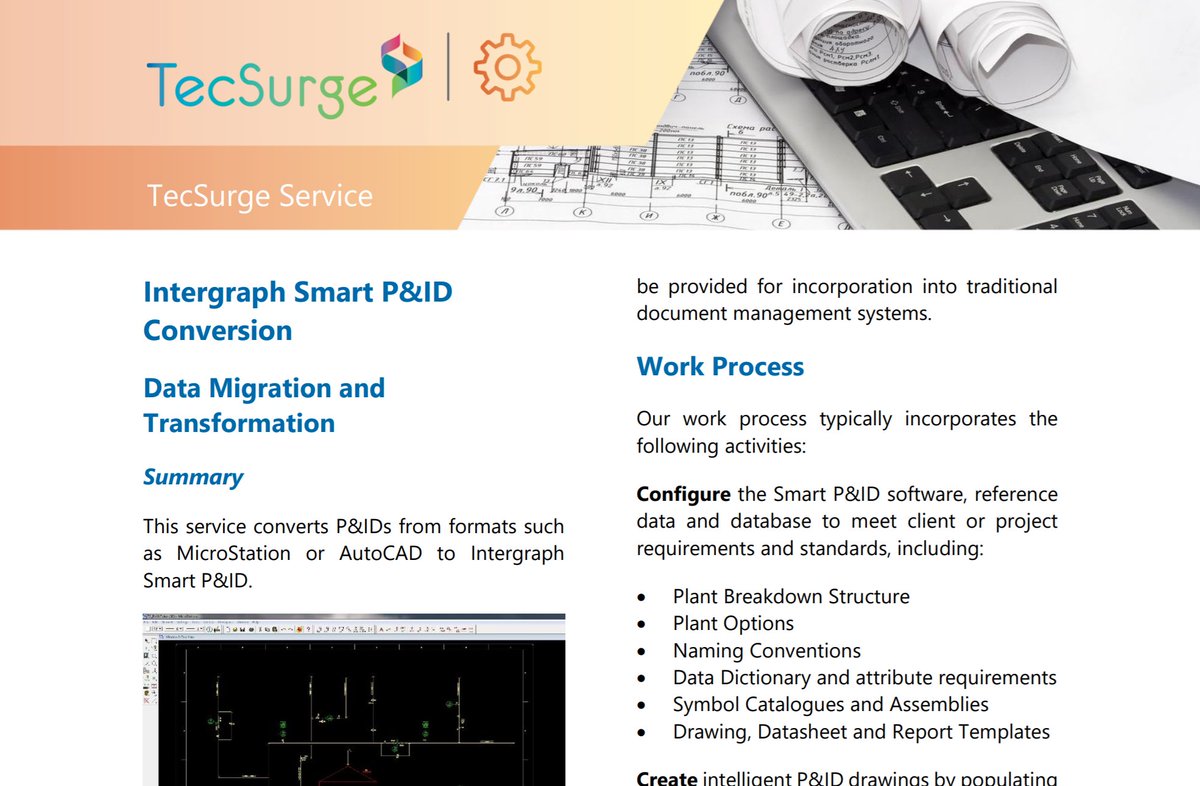 TecSurge's tweet image. This service #converts P&amp;amp;IDs from formats such as #MicroStation or AutoCAD to Intergraph Smart P&amp;amp;ID.
In a project, we deliver a #ProjectArchive from #Intergraph Smart P&amp;amp;ID containing the reference data, configuration, P&amp;amp;ID drawings and #data.
tecsurge.com/work-examples/… #tecsurge