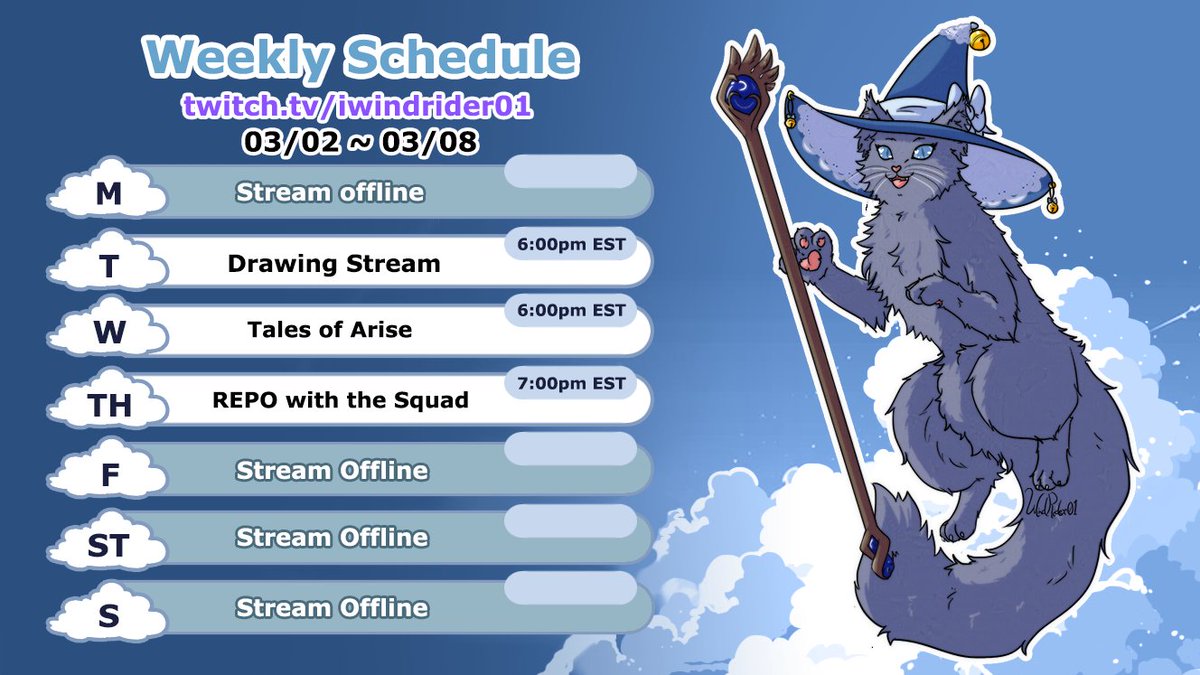 March 2 - March 8 ฅ≽^•⩊•^≼ฅ ⋆⁺₊✧
Tuesday ~ Drawing stream at 6 PM EST
Wednesday ~ Tales of Arise at 6 PM EST
Thursday ~ REPO with my Squad 🌸💖 at 7 PM EST
twitch.tv/iwindrider01