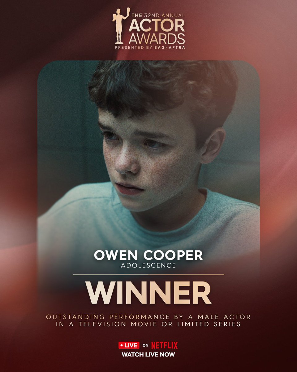 A masterclass performance. Congratulations to Owen Cooper, winner of the Actor® for Outstanding Performance by a Male Actor in a Television Movie or Limited Series. 🙌