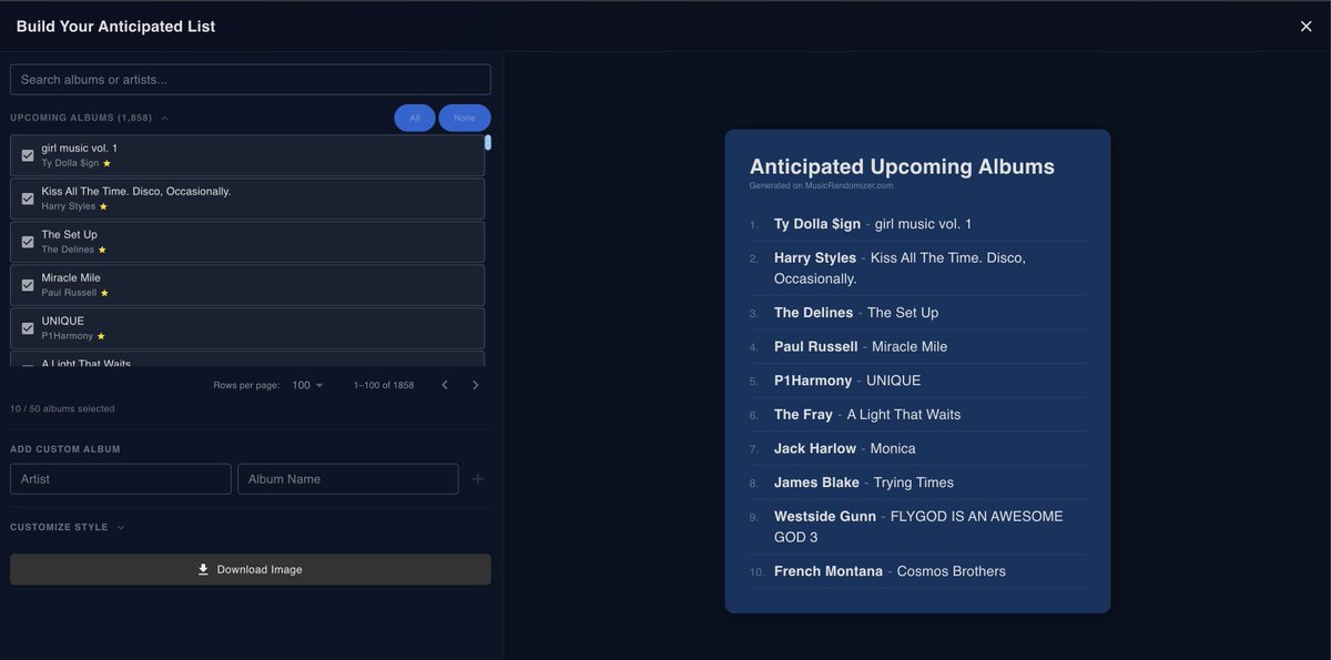 MusicRandomized's tweet photo. Major changes have been published to upcoming albums feature 
https://t.co/FhtXHl7Axu

- New layout
- Build our your anticipated albums list to share online
- Various settings to set for upcoming albums list for you to change the display style of your image

Check it out and let me know what you all think!