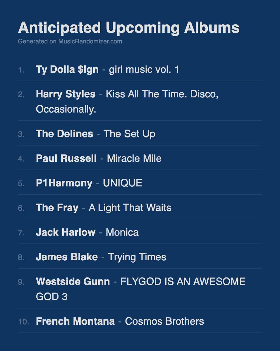 MusicRandomized's tweet photo. Major changes have been published to upcoming albums feature 
https://t.co/FhtXHl7Axu

- New layout
- Build our your anticipated albums list to share online
- Various settings to set for upcoming albums list for you to change the display style of your image

Check it out and let me know what you all think!