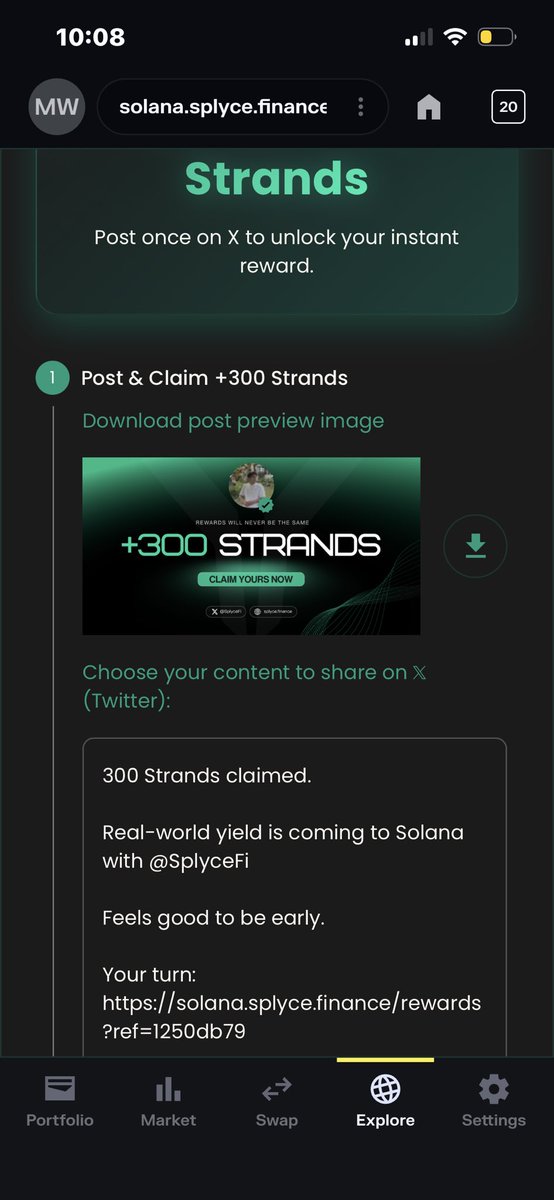 itsdyv's tweet photo. @SplyceFi 

300 Strands claimed. 

Real-world yield is coming to Solana with @SplyceFi 

Feels good to be early.

Your turn: https://t.co/VS65vGrbZC https://t.co/gR4HvgMYo6