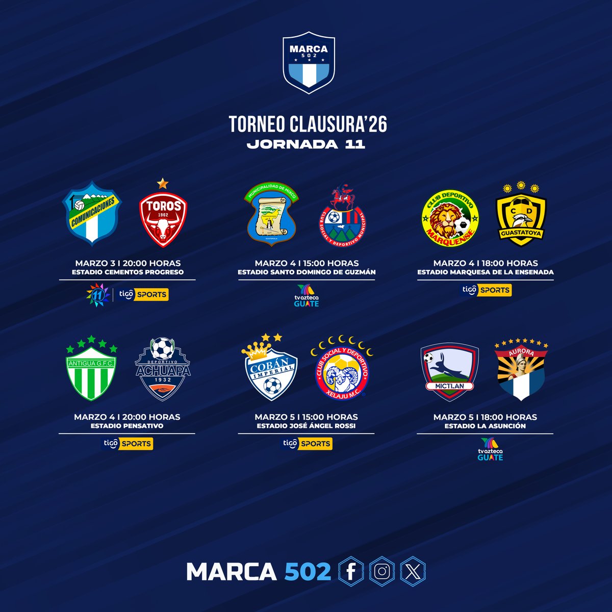 Programación oficial de la undécima jornada del Torneo #Clausura2026 de la #LigaNacional. 

#Marca502GT