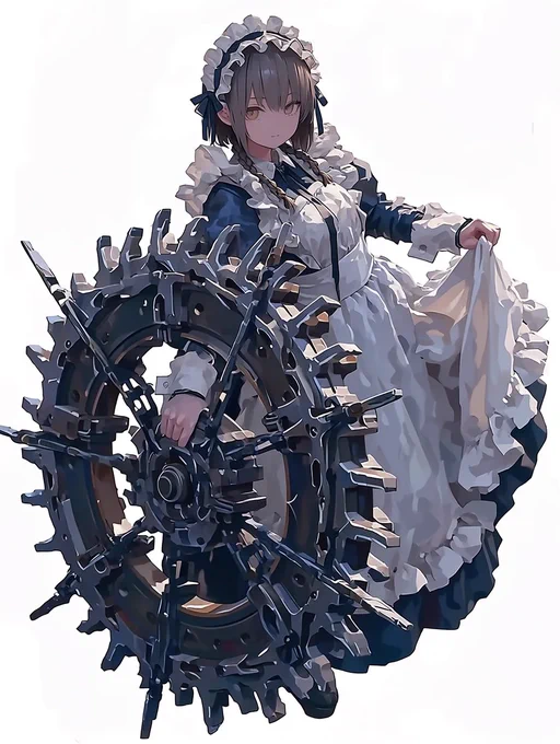 #晴天アポカリプス バトラー型シンカロン(Think alone, 汎用人型アンドロイド) 投擲殲滅器具「グラインドフリスビー」 グラインド刃が高速回転する機構を有する投擲器具. 殺傷能力は高くないが,示威目的で好んで使用された. 書類上は交換用タイヤホイールとされ,欺瞞に満ちた販売が行われた.