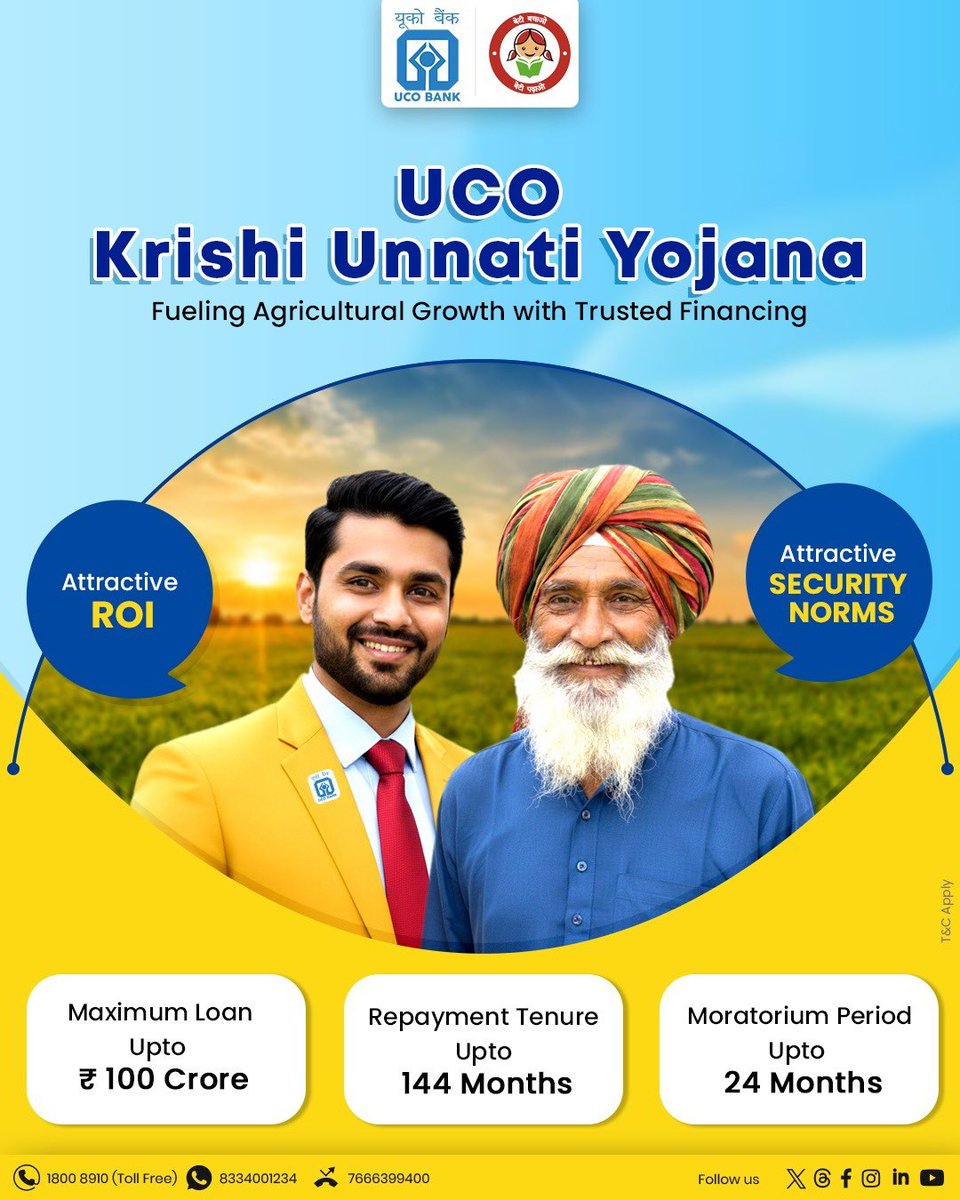 UCOBankOfficial's tweet image. With UCO Krishi Unnati Yojana, get financial support designed to help agriculture grow stronger every day.

✔ Loan up to ₹100 Crore
✔ Repayment up to 144 months
✔ Moratorium up to 24 months

Together, let’s cultivate success.

#UCOBank #EmpoweringFarmers #AgriFinance