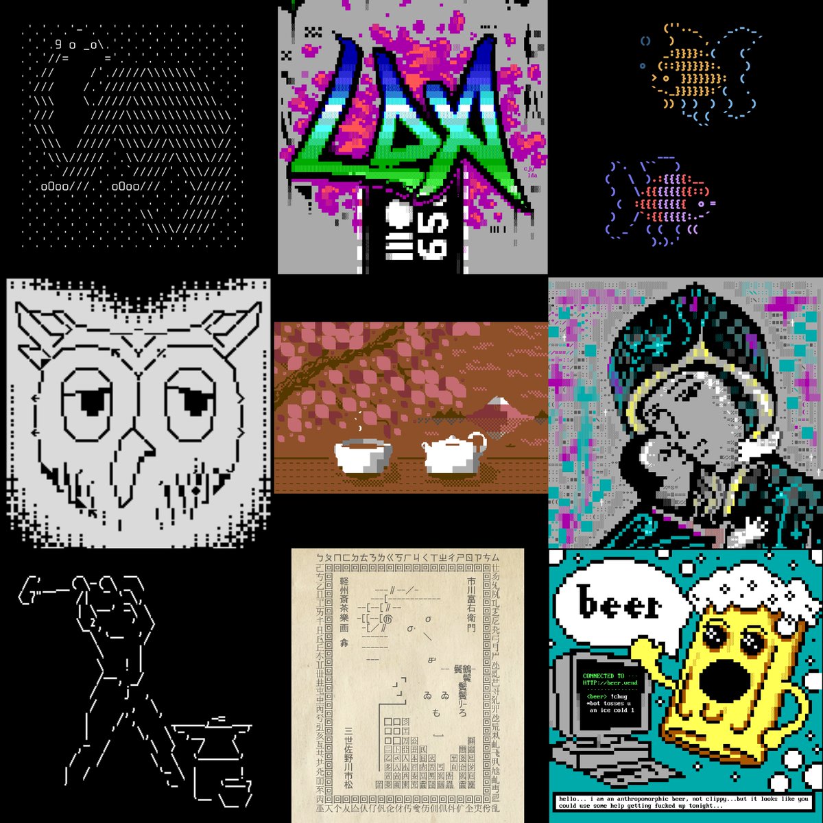 mistfunk's tweet photo. Mistigram: aside from some computer music, nearly everything in the new, unthemed MIST0226 artpack that just dropped is some form or another of #textart and #textmode art - here is a sampling of specimens of #ASCIIart, #ANSIart, #ATASCII, #PETSCII and #ShiftJIS contained therein. https://t.co/kHJo1rUdAE