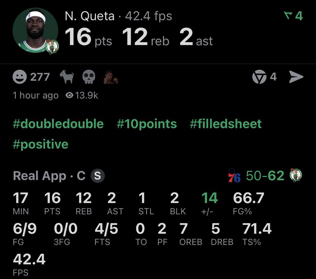 tatum_universe's tweet image. Queta did all this in just the first half. An absolute beast