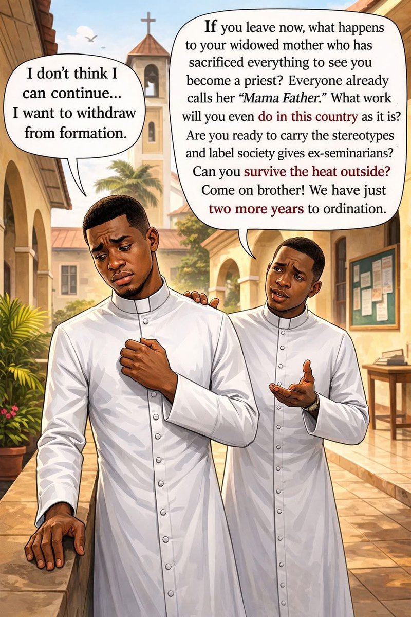 UgonnaMario's tweet photo. WITHDRAWING FROM THE SEMINARY

Many seminarians quietly discern leaving formation, yet the weight of family and societal expectations, along with the uncertainty of life outside the seminary, often keeps them in formation to endure till ordination.

Dear lay faithful, do not dehumanize those who have left the seminary or make life unbearable for them. Do not make them feel unwanted.  Instead of judging those who leave or are withdrawn, welcome them, support them, and help reintegrate them into society.

It is far better to have men who willingly chose to leave formation than men who endure until ordination only to become struggling priests.

Save our formation.
Save our vocation.