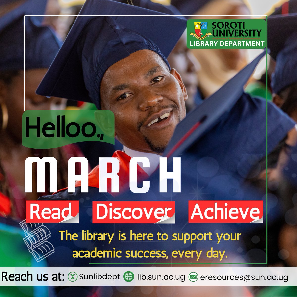 Sunlibdept's tweet image. March into success with the Library! 📖
Read ✔ Discover ✔ Achieve ✔

Happy New Month, comrades
#HelloMarch #LibrarySupport #SorotiUniversity