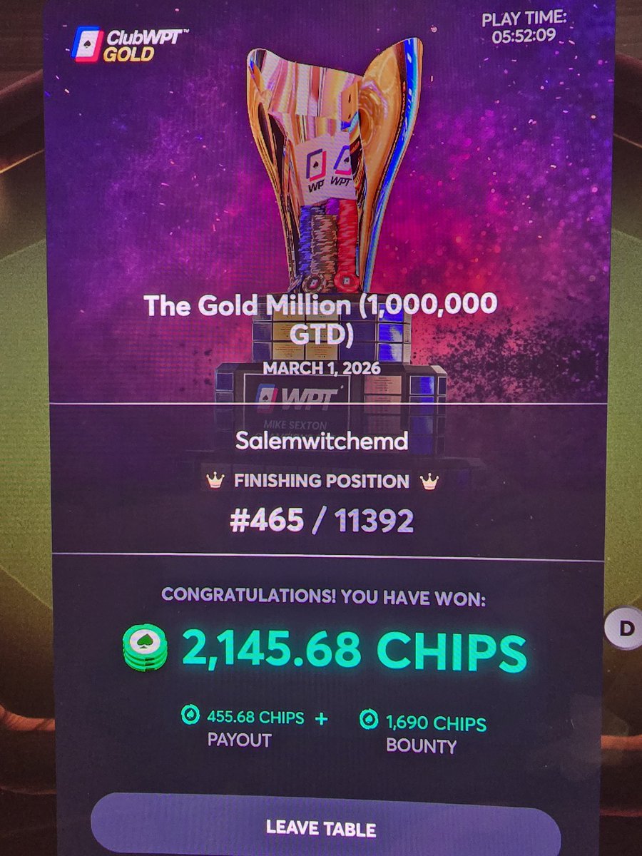 100x the investment wasn't terrible, 20 > 2k.

Many good bounties, but none too big. <a href="/metajohnm/">John Mclaughlin</a> congrats on the 47k bounty

Fun event <a href="/WPT/">World Poker Tour</a> <a href="/ClubWPTGold/">ClubWPT Gold</a>