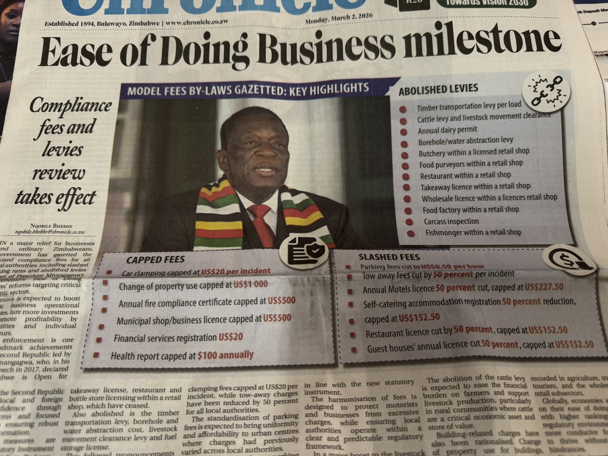 SLASHED FEES
•Parking fees cut to US$0.50 per hour
•Tow away fees cut by 50 % per incident
•Annual Motels licence 50 percent cut, capped at US$227.50
•Self-catering accommodation registration 50% reduction capped at US$152.50
•Restaurant licence cut by 50%, capped at US$