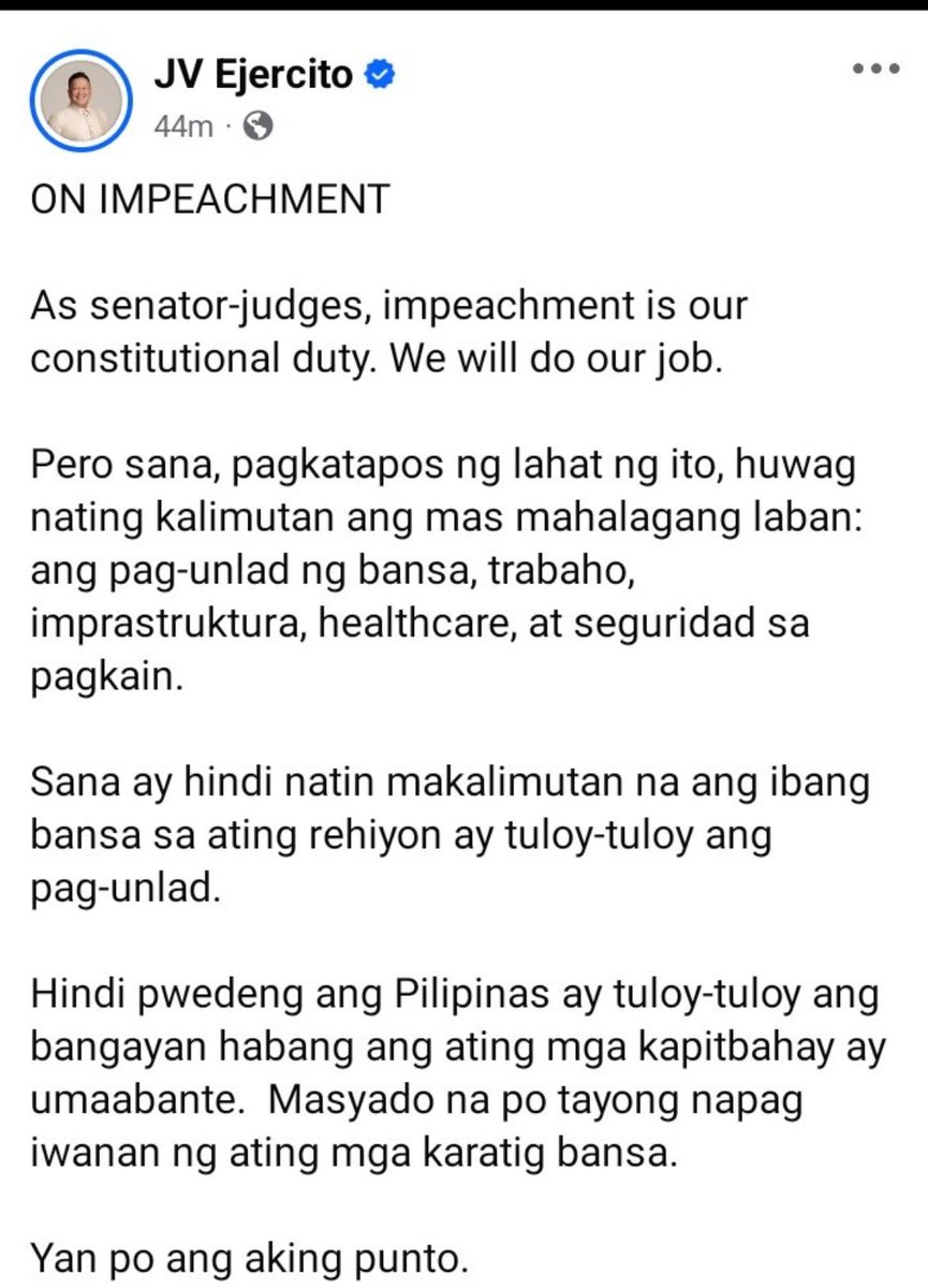 You already lose your credibility to sit as senator-judge. Out of sense of propriety, you should disqualify yourself, Sen ⁦<a href="/jvejercito/">JV Ejercito</a>⁩