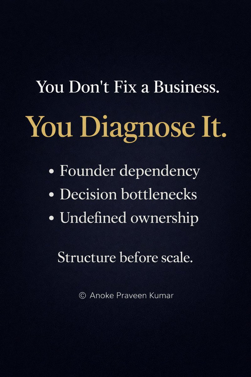 You don’t fix a business.
You diagnose it.
Most founders rush into solutions.

But if you don’t understand the structural flaw beneath the chaos,
you’ll fix symptoms — not causes.

Structure before scale.
#Leadership #Founders #BusinessGrowth