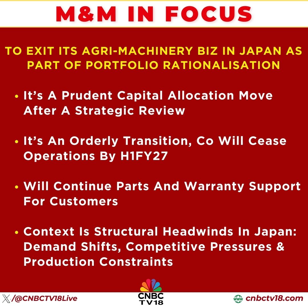 CNBCTV18Live's tweet image. #JustIn | M&amp;amp;M In Focus: Co To exit its #Agri-machinery Biz in #Japan as part of portfolio rationalisation

▶️It’s an orderly transition, co will cease operations by H1FY27

▶️Will continue parts and warranty support for customers

🚩Context is structural headwinds in Japan: