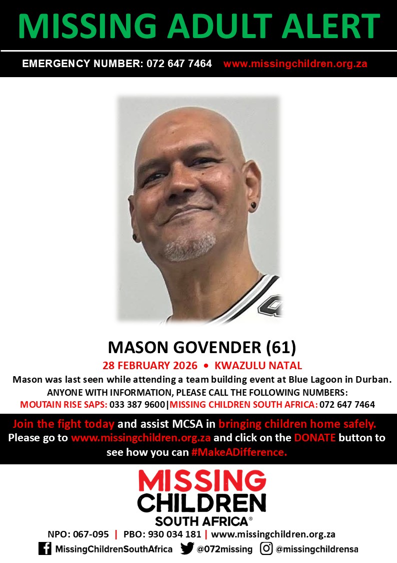 072MISSING's tweet photo. #MCSAMissing 

Mason Govender (61) was last seen 28 February 2026.

If you personally, or your company | or your place of work, would like to make a donation to #MCSA, please click here to donate: https://t.co/WuULg0pWNL Thank you https://t.co/4K64L4fDWN