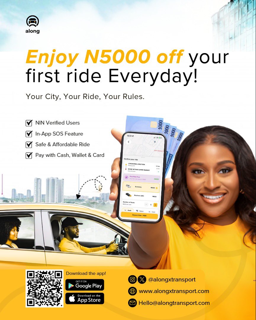 AlongxTransport's tweet image. FREE FIRST ride. Every day. No cap. 

Safe, verified, stress free ride across the city.

📲 Download Along now and enjoy premium safety and comfort. 
Available on both PlayStore and AppStore 

#AlongTransport #FreeRides #NaijaRides #MoveWithAlong #Ride