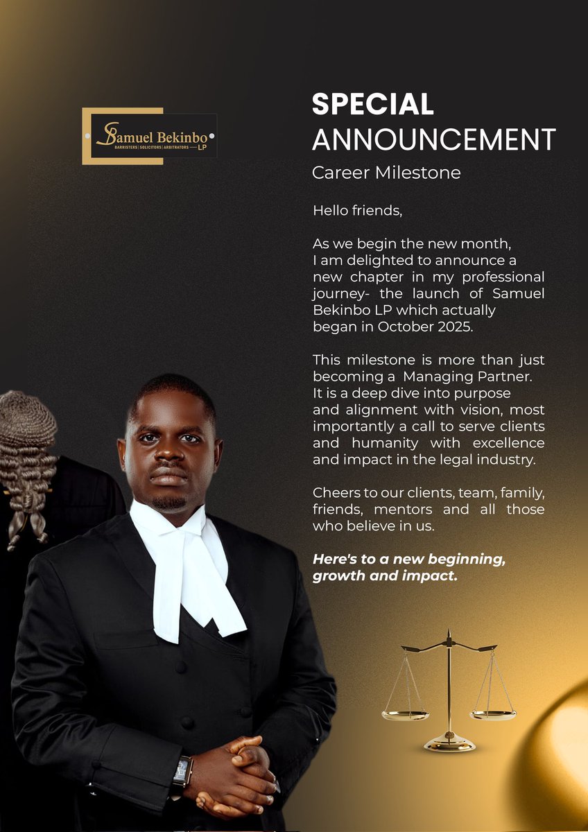 Samuelbekinbolp's tweet photo. We've been sitting on this announcement for months!

It's been over 4 months since our law firm was established. We have been building quietly and delivering key results to our esteemed clients. However, we're making it official today.

Here's to a new beginning, growth, &amp; impact https://t.co/lx3u2tamo4