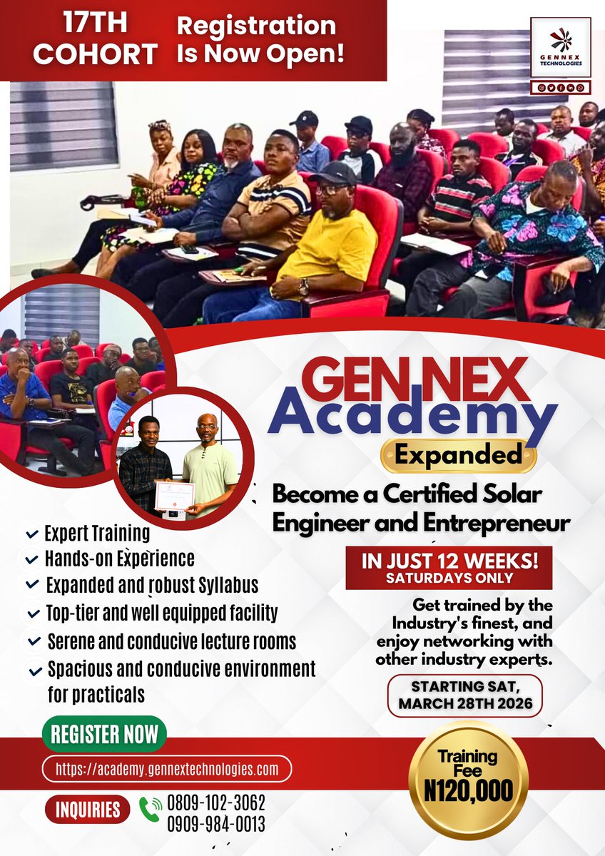 Gennextech's tweet image. 🚀Cohort 17 of Gennex Solar Academy is filling up fast. Serious learners move early.
Once registration closes, admission move to the next cohort.
Enroll now while slots are still open.

Register: academy.gennextechnologies.com

#solaracademy #gennexcohort17 #gennexacademy #solartraining