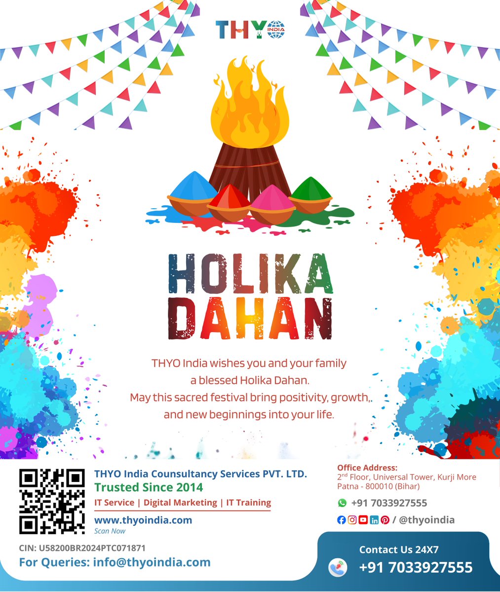 thyoindia's tweet photo. 🔥 On this auspicious occasion of #HolikaDahan, may the sacred fire burn away negativity and bring positivity, growth &amp; new beginnings into your life.

Wishing you and your family a blessed celebration! 🌸#HappyHoli #THYOIndia #DigitalMarketing #ITServices #PatnaBusiness https://t.co/8OQgbPeSNn