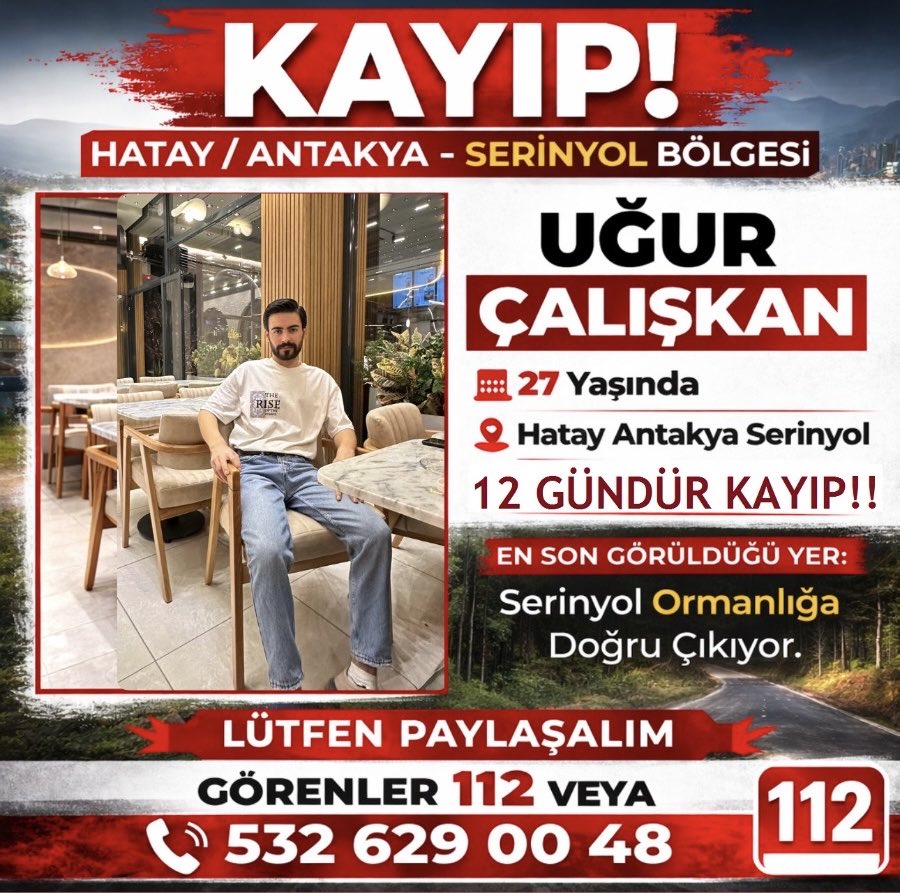 firatcaliskan65's tweet image. ACİL ‼️

Uğur Çalışkan (27) Ramazan’ın ilk gününden bu yana kayıp.

En son Hatay Antakya Serinyol civarında görüldü.

Lütfen destek olun 🙏

#UğurNerede  #Kayıp
#HatayGündemi
#AntakyaSonDakika
#HatayDestek
#HatayYaşam
#SerinyolHaber
#KayıpAlarmı
#HatayToplansın
#UmutOl
