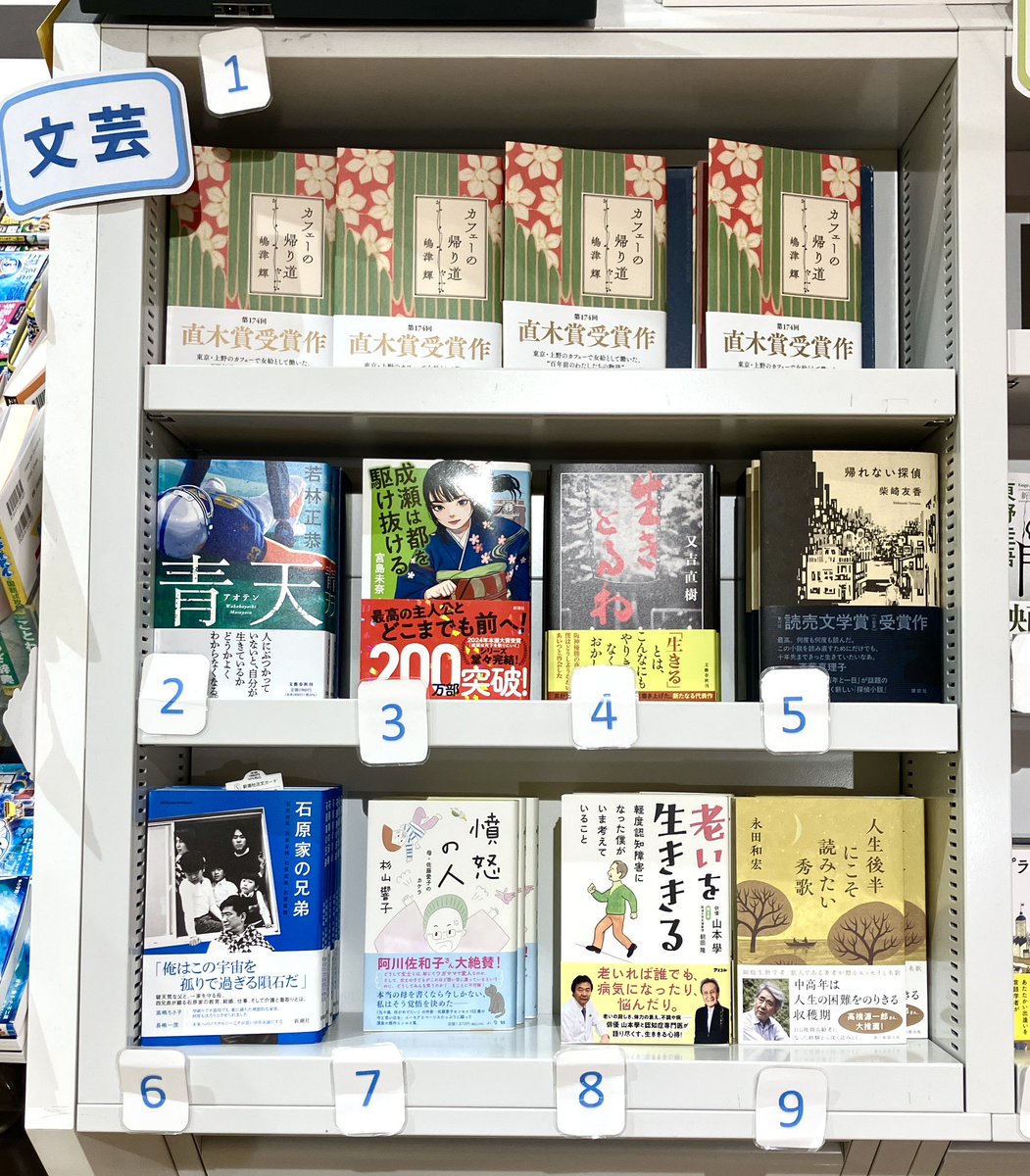 【文芸ランキング】（2/23～3/1)
・1位 嶋津輝「カフェーの帰り道」・2位 若林正恭「青天」・3位 宮島未奈「成瀬は都を駆け抜ける」・4位 又吉直樹「生きとるわ」・5位 柴崎友香「帰れない探偵」