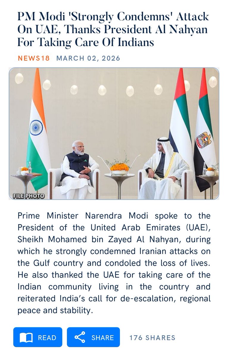 PM Modi 'Strongly Condemns' Attack On UAE, Thanks President Al Nahyan For Taking Care Of Indians
news18.com/india/pm-modi-…