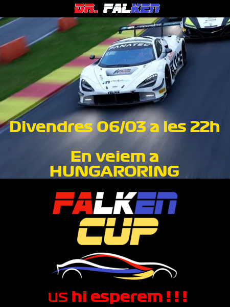 DrFalken1976's tweet photo. Divendres torna la #FalkenCUP a les 22h,       
ens toca correr a Hugaroring!          

Passeu a donar un cop d'ull! us hi esperem! https://t.co/bLLHiqYO3r         

+ Inscripcions  a  https://t.co/ErXn58q16I     
+ Dades a https://t.co/x70rYtcGnl https://t.co/20Yy8lTD7A