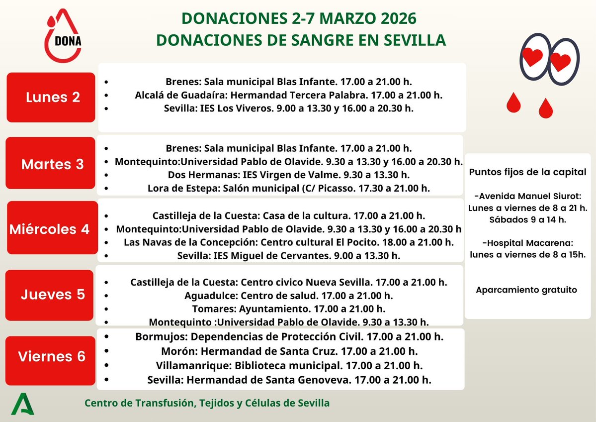 Ya huele a #SemanaSanta por todos los rincones de la provincia de #Sevilla. No olvides que son fechas delicadas para las #donacionesdesangre y debemos mantener las reservas siempre en estado óptimo para miles de enfermos de toda #Andalucía. ¡Te esperamos!