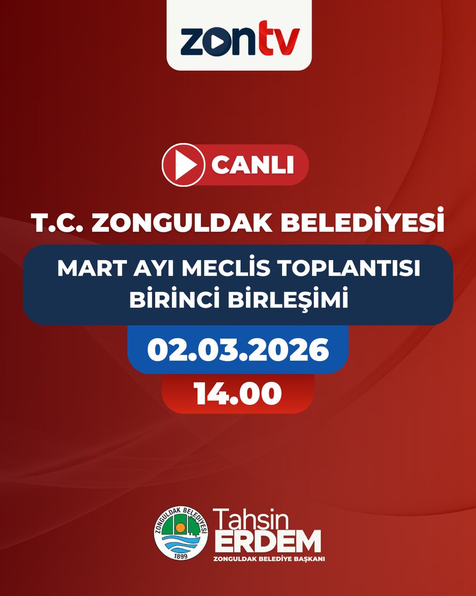 📡 Canlı Yayın

Belediyemiz Mart Ayı Meclis Toplantısı 1. Birleşimi, 2 Mart 2026 Pazartesi günü saat 14:00’da ZonTV Instagram (<a href="/zontv67/">ZonTv</a>) ve ZonTV YouTube hesaplarımızdan canlı olarak yayınlanacaktır.

🔗 ZonTV YouTube linki bio’da.