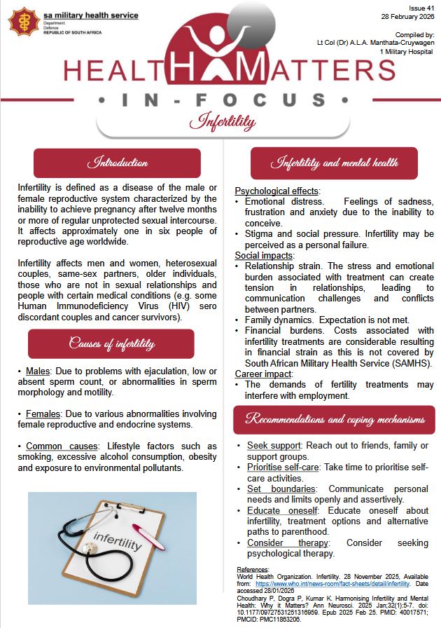 SANDF_ZA's tweet image. SA Military Health Service || Health Matters In Focus || Infertility || Issue 41 || 28 February 2026.

Infographic by SA Military Health Service || Corporate Communication.

#SANDF
#SAMilitaryHealthService
#TowardsMilitaryHealthExcellence
#Infertility
#HealthMatters