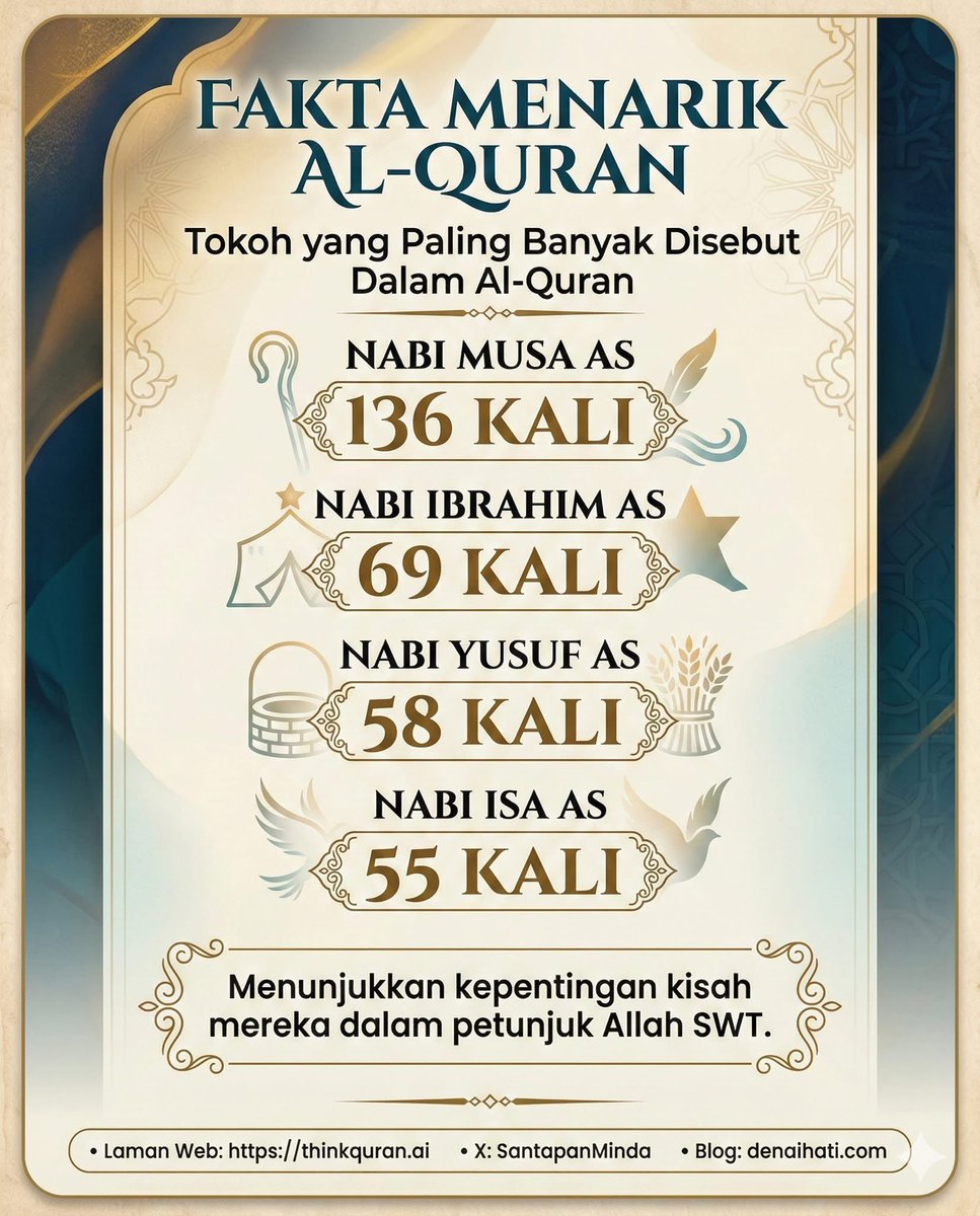 SantapanMinda's tweet photo. Tahukah anda? Nama Nabi Musa AS disebut sebanyak 136 kali dalam Al-Quran. Jauh lebih banyak berbanding tokoh lain.

Kenapa? Kerana kisah baginda penuh dengan pengajaran tentang kepimpinan dan perjuangan melawan kezaliman.

Top 4 Nabi paling banyak disebut:
✨ Nabi Musa AS: 136
✨ Nabi Ibrahim AS: 69
✨ Nabi Yusuf AS: 58
✨ Nabi Isa AS: 55

SubhanAllah. Moga kita terus istiqamah mendalami isi kandungan Al-Quran.