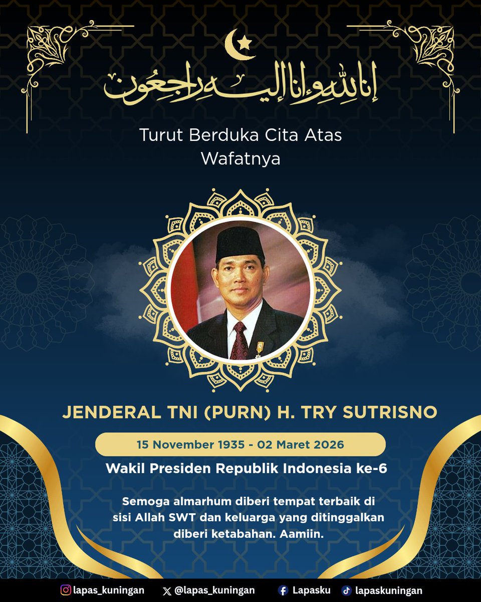 Segenap keluarga besar Lembaga Pemasyarakatan Kelas IIA Kuningan menyampaikan belasungkawa yang sedalam-dalamnya atas berpulangnya beliau.

Terima kasih atas jasa dan pengabdian beliau bagi bangsa dan negara Indonesia.

🤍🙏