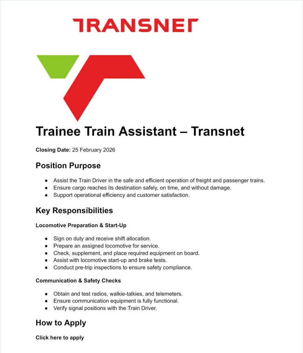 CarolBoitumelo1's tweet photo. Trainee Train Assistant – Transnet (2026)

📅 Closing Date: 5 March 2026

Minimum Requirements:
- Grade 12 
- Must be 21 years or older
- Minimum height of 1.6m
- Medically fit (hearing, vision, mental and physical fitness)

Apply here: https://t.co/vac0POtVDl https://t.co/QEjlasbKwA