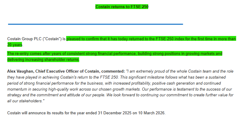 1James1n1's tweet image. #COST - Back in the FTSE 250

✅Returns to FTSE 250 today - first time in more than 20 years.
✅"The re-entry comes after years of consistent strong financial performance, building strong positions in growing markets and delivering increasing shareholder returns."
