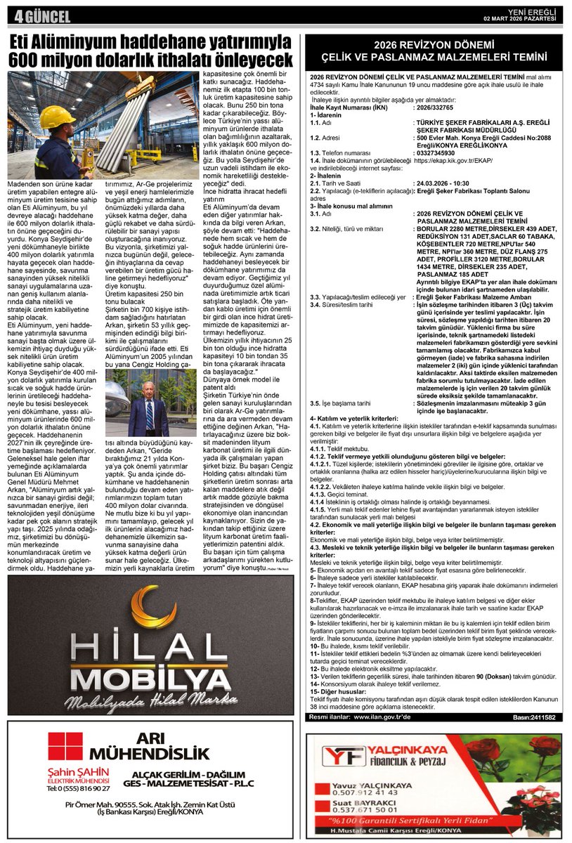 02 MART 2026 TARİHLİ YENİ EREĞLİ GAZETESİ