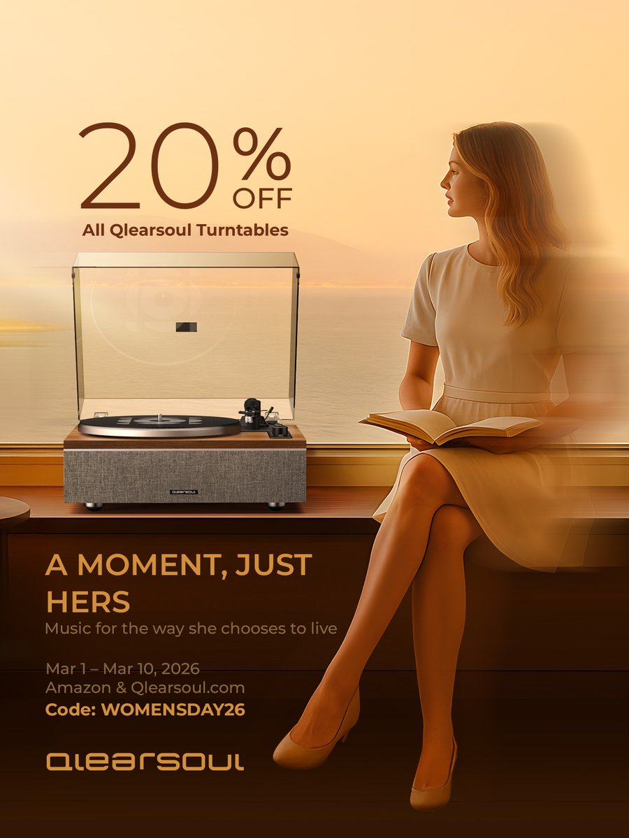 QlearSoul's tweet photo. A Moment, Just Hers.

A quiet morning.
A favorite record.
Music for the way she chooses to live.

This Women's Day, celebrate her time, her space, her sound.

🎧20% OFF all Qlearsoul turntables
🏷️Code: WOMENSDAY26
📅Mar 1 – Mar 10, 2026
🛒https://t.co/U4aKwdBXqg
#WomensDay #Gifts https://t.co/AjAMaX03qV