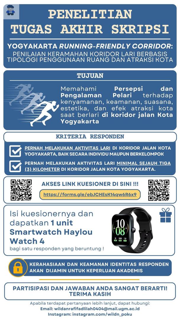 yujiem Halo pelari kalcer Jogja 👟🏃
Pernah lari di Kota Jogja? Mau berkesempatan dapet smartwatch GPS yang kece? 👀
Yuk bantu skripsiku dengan isi survei singkat ini. Cuma 5 menit kok!