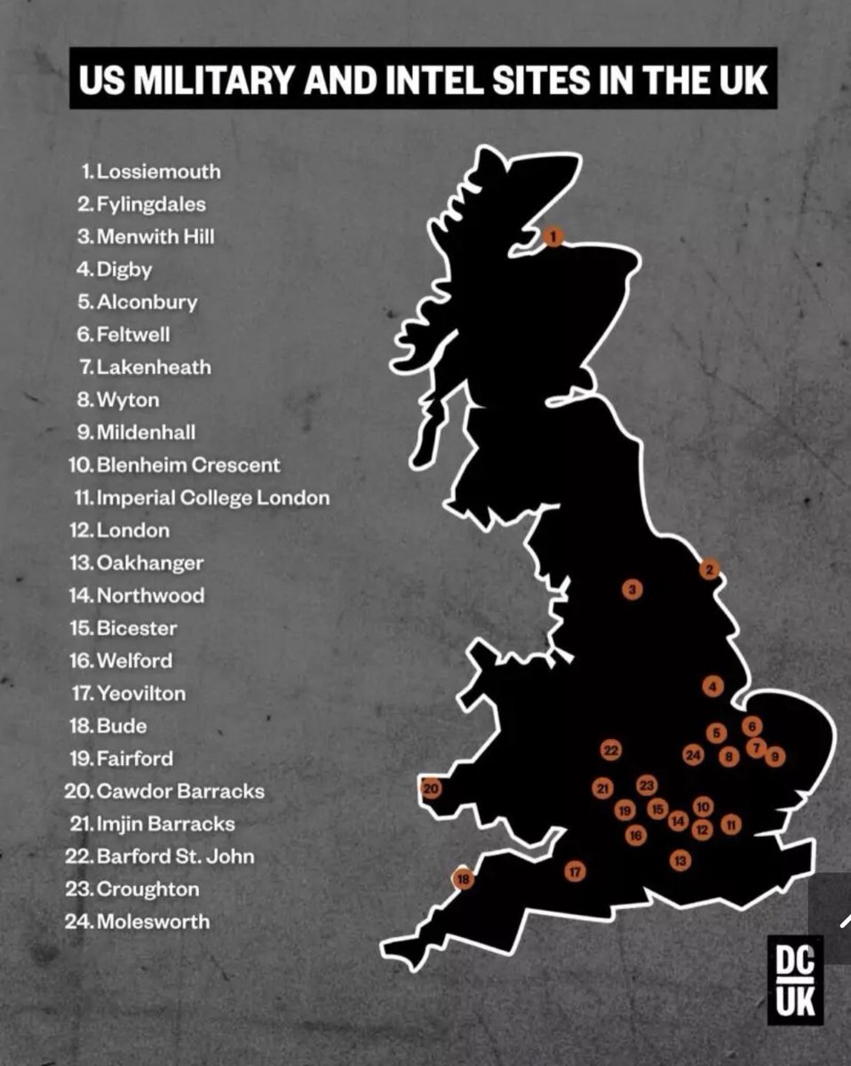 Keir Starmer is giving the US permission to bomb Iran from Britain while retaining secrecy over the precise US military presence in the UK. 

We believe these are the key US military/Intel sites in Britain, which include major air bases and smaller sites

declassifieduk.org/the-24-site-us…