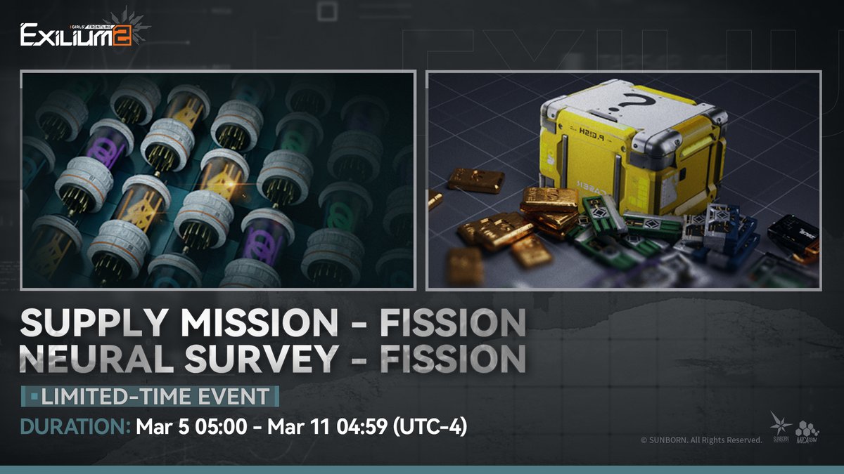 [Double Resource Event]

During the event, rewards from [Supply Mission] and [Neural Survey] are increased by 100%, with a daily limit of 6 attempts.

Duration:
Mar 5, 05:00 - Mar 11, 04:59 (UTC-4)

>> Download on mobile and PC: sunborn.onelink.me/fxKG/prall
#GirlsFrontline2Exilium