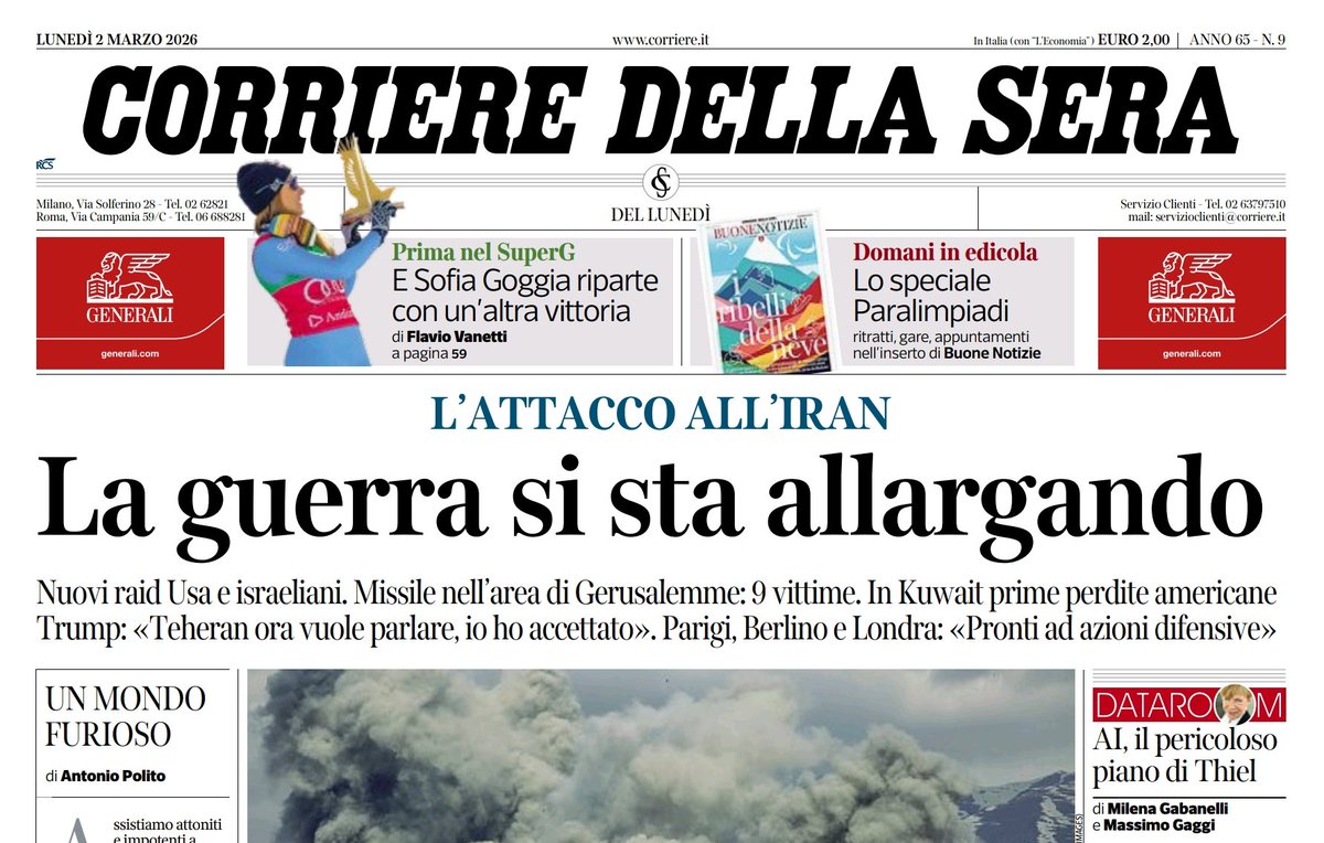 Dopo Crosetto in gita a Dubai senza capire dove fosse e cosa stesse succedendo, il Corriere di oggi invece spieka che la guerra si sta allargando da sola, così, in maniera anonima, senza un motivo ben preciso. E facendo pure l'accento svedese.

#RassegneStampaDalRincoglionitico