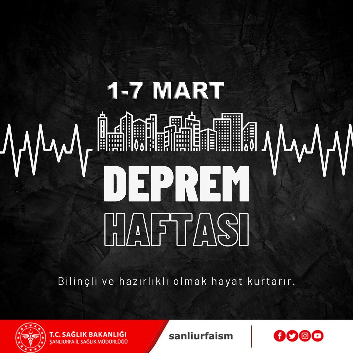 Deprem değil, tedbirsizlik öldürür. 
Sarsıntılara karşı hazırlıklı olmak bir tercih değil, zorunluluktur. 
1-7 Mart #DepremHaftası vesilesiyle tüm vatandaşlarımızı afet bilinciyle hareket etmeye davet ediyoruz.